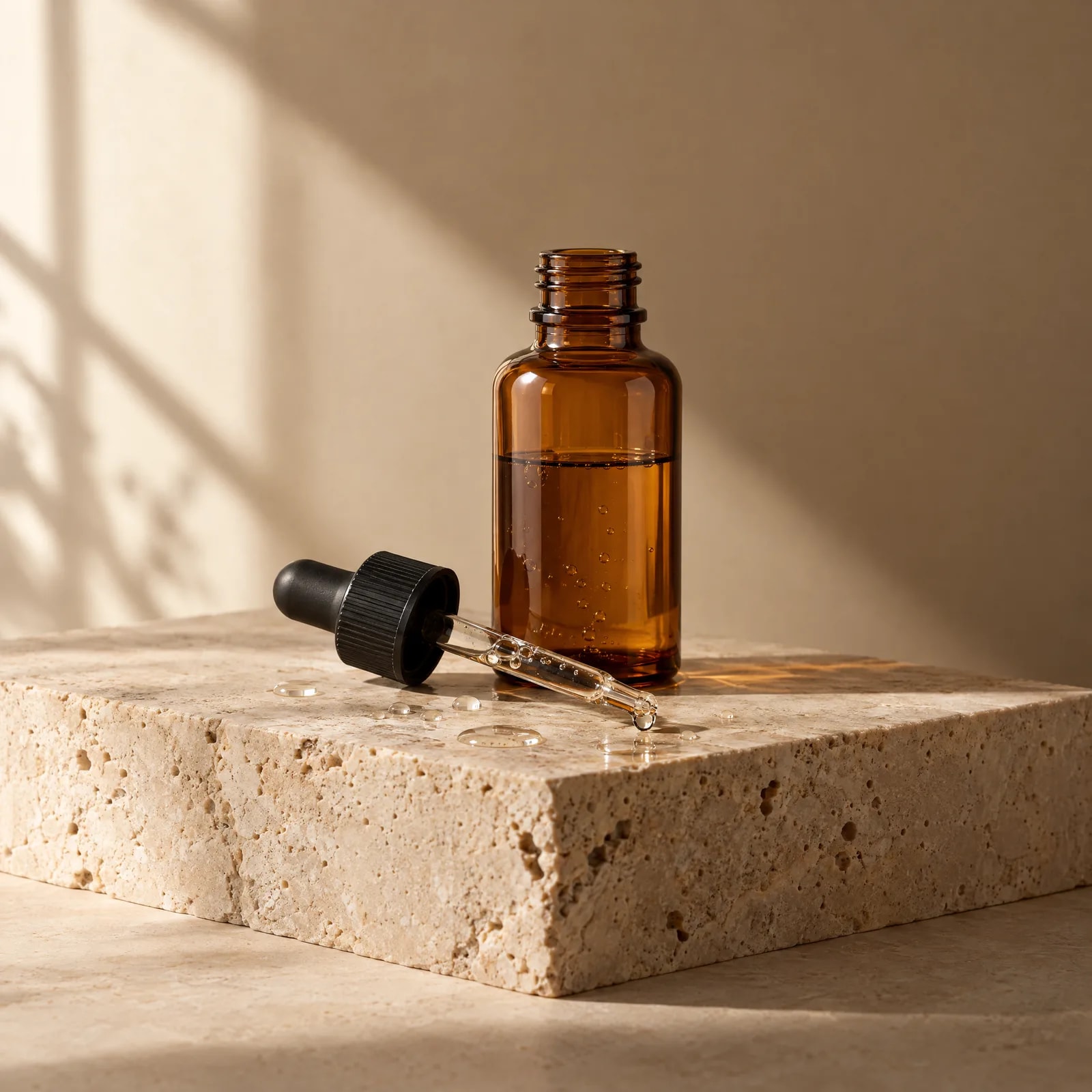 Amber serum bottle on travertine