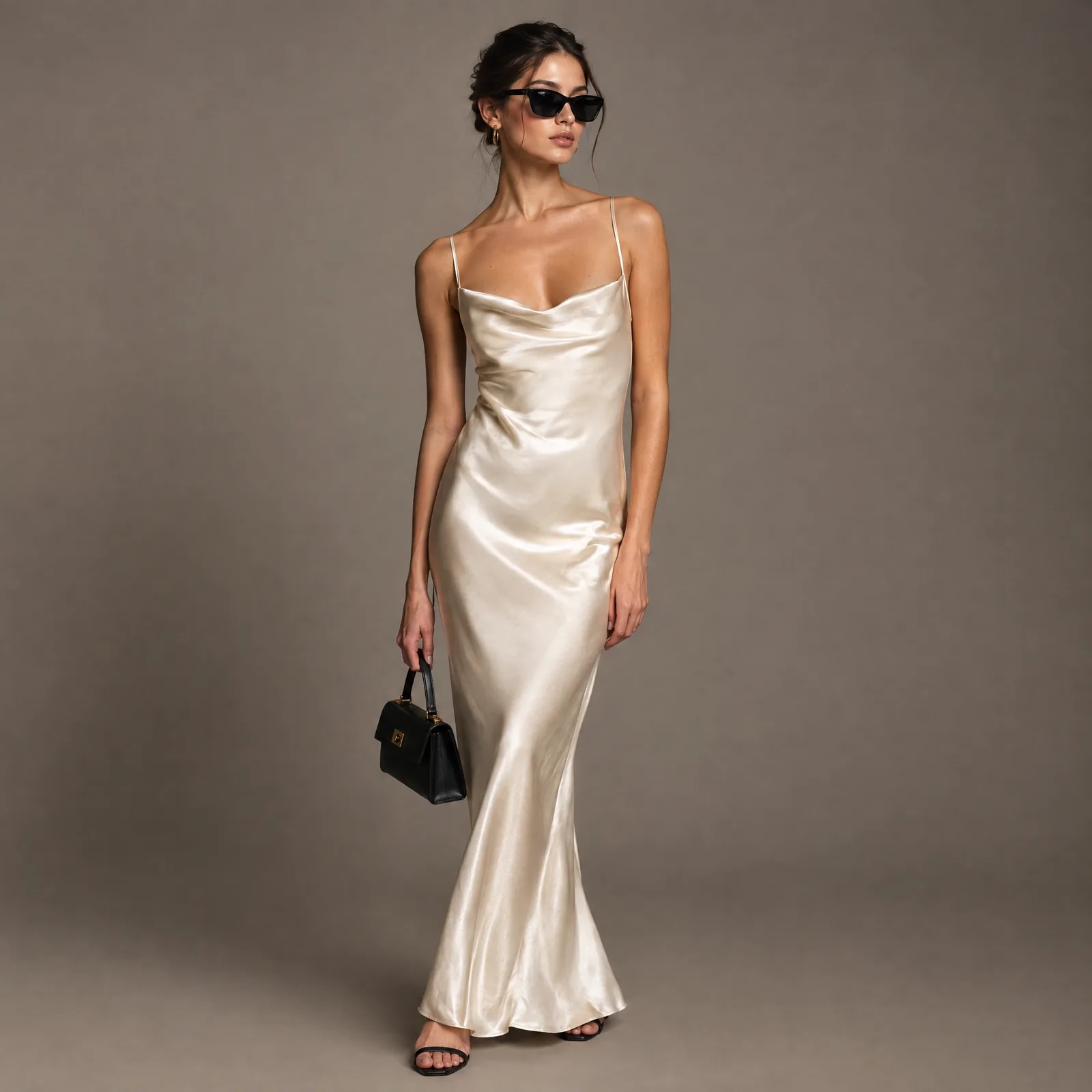 Model in an ivory satin dress with a black handbag